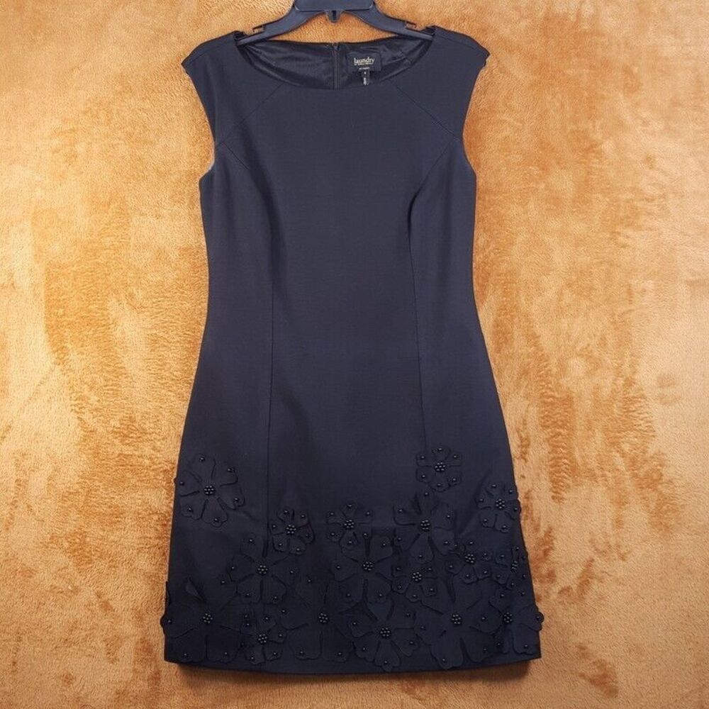 LAUNDRY Womens Dress Size 6 Black Sheath Floral Applique Hem Party Cocktail